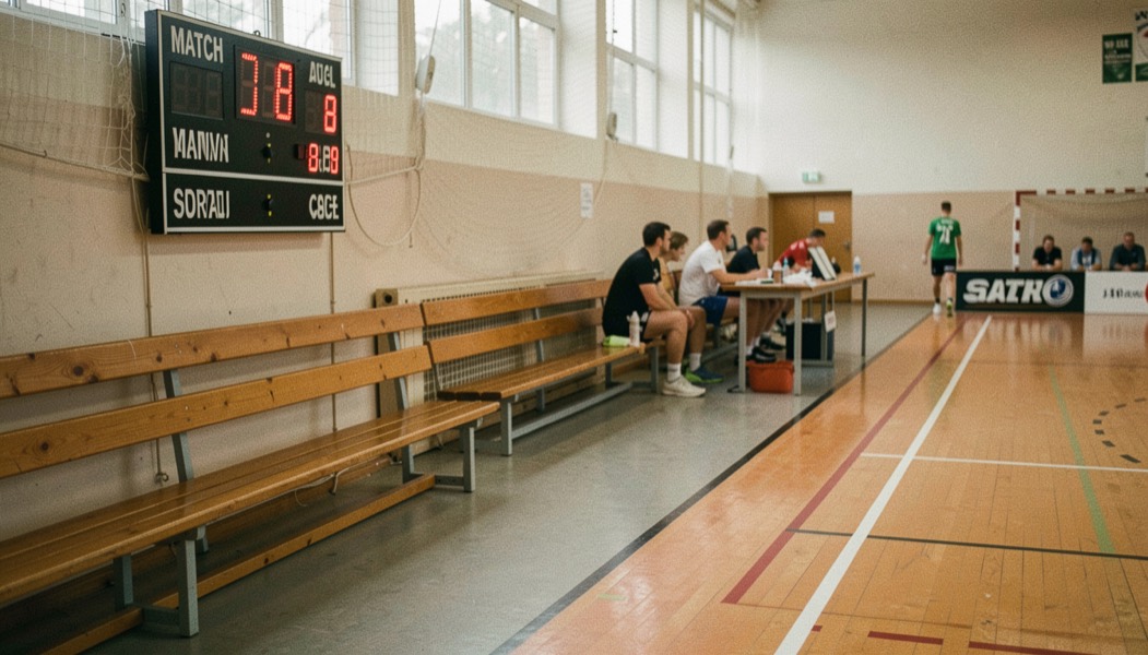 Wedstrijdtafel langs de zijlijn van een sporthal met scorebord, tijdklok en wisselbank tijdens een handbalwedstrijd